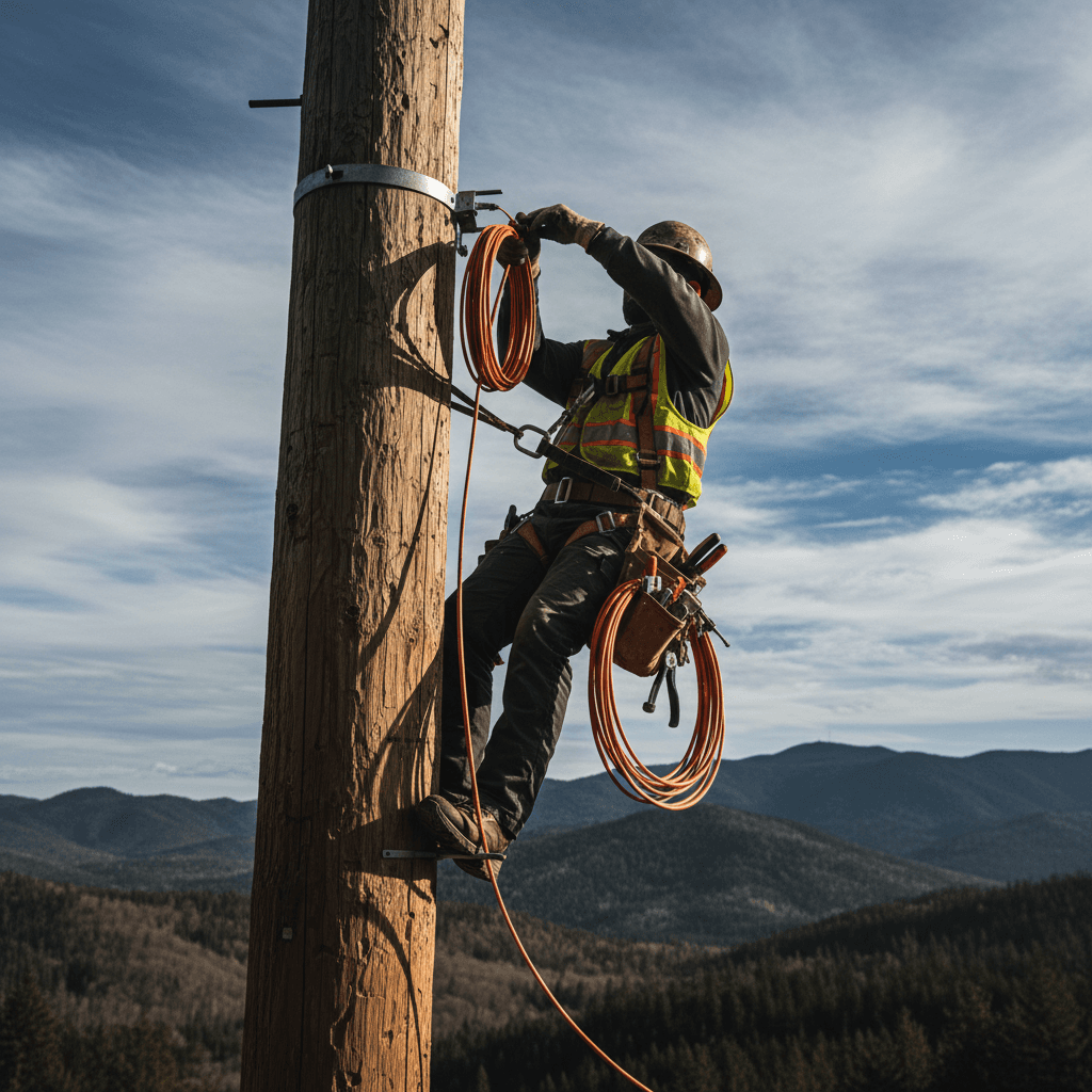 Network technician installing fiber optic cable on utility pole in mountainous area
