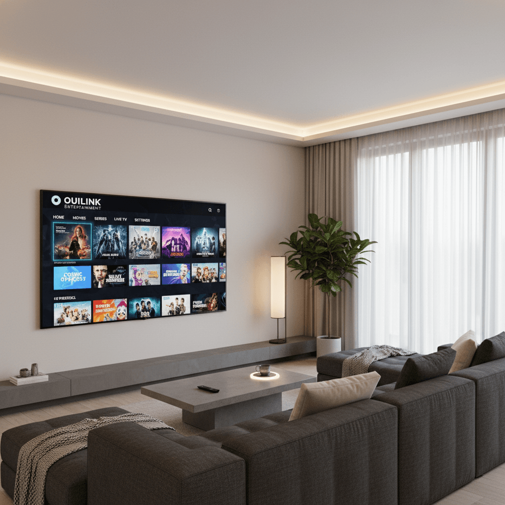 Modern living room with streaming service on TV, highlighting integrated entertainment options
