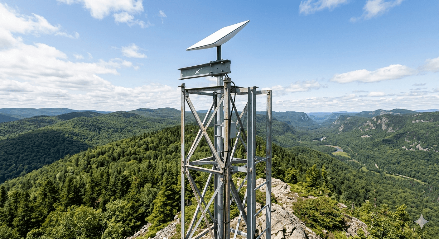 Starlink satellite dish on a metal tower overlooking a vast green forested mountain valley.